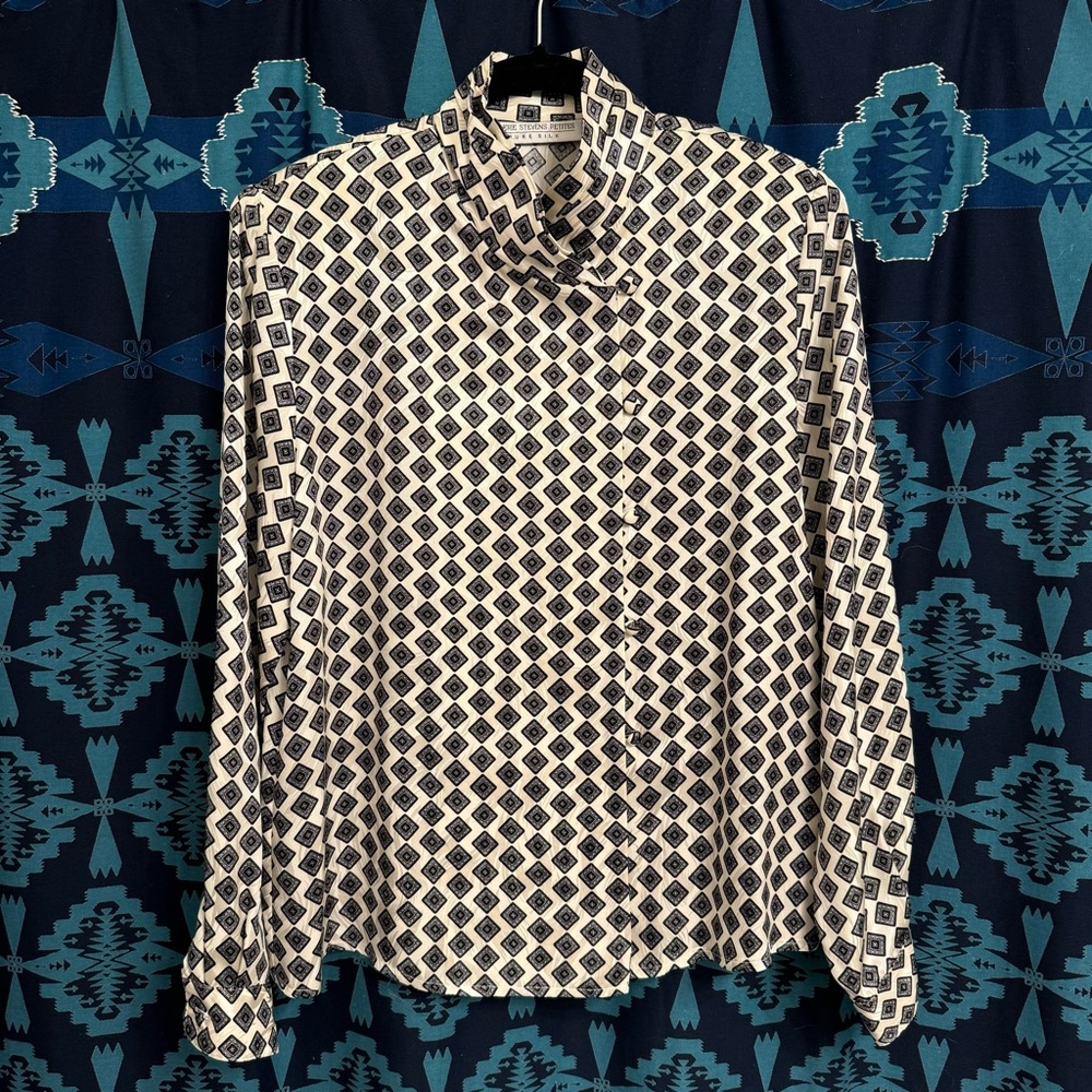 VALERIE STEVENS Vintage Black & Cream Geometric Silk Kimono-Style Blouse